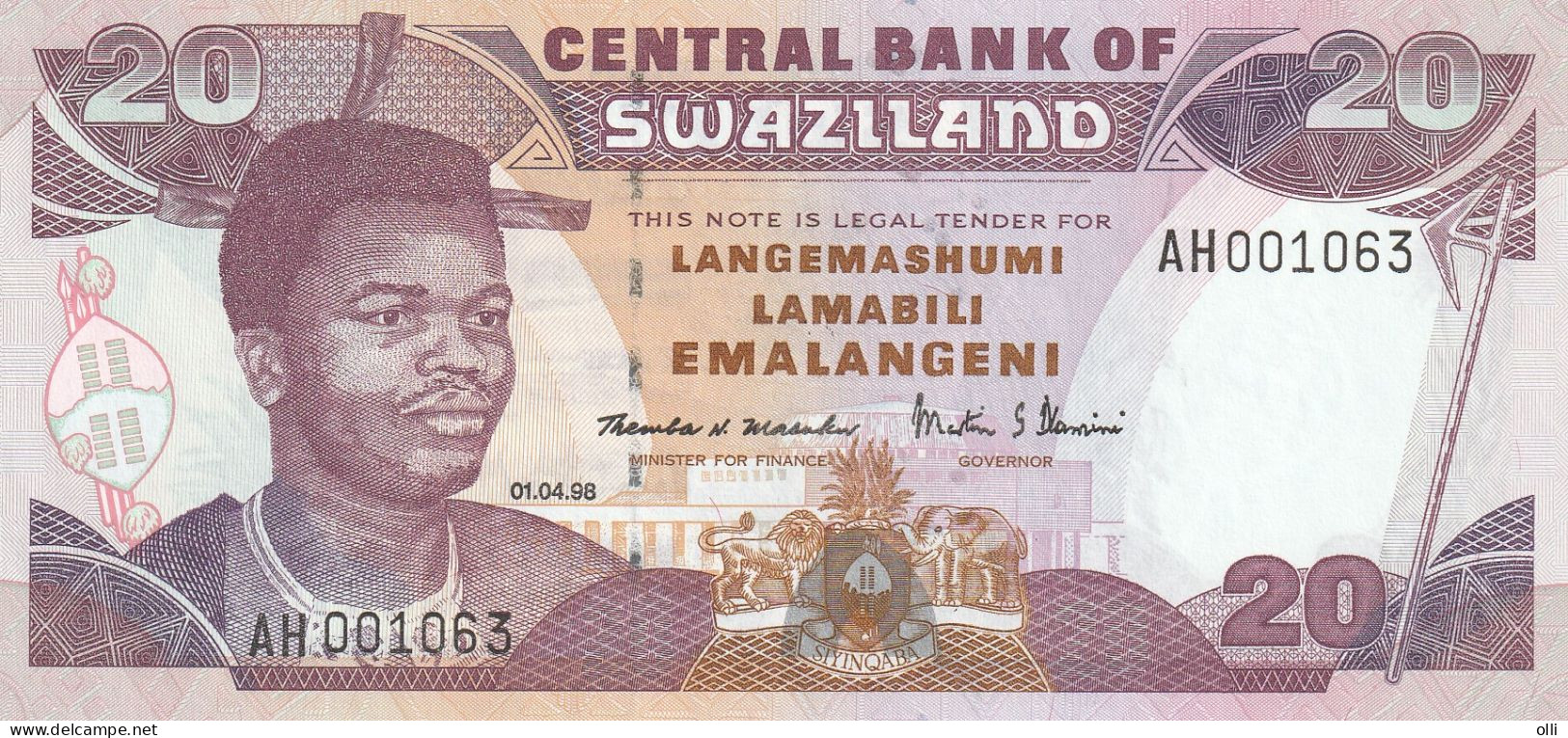 SWAZILAND   20 Emalangeni , 1998 , P-25c  UNC - Swaziland