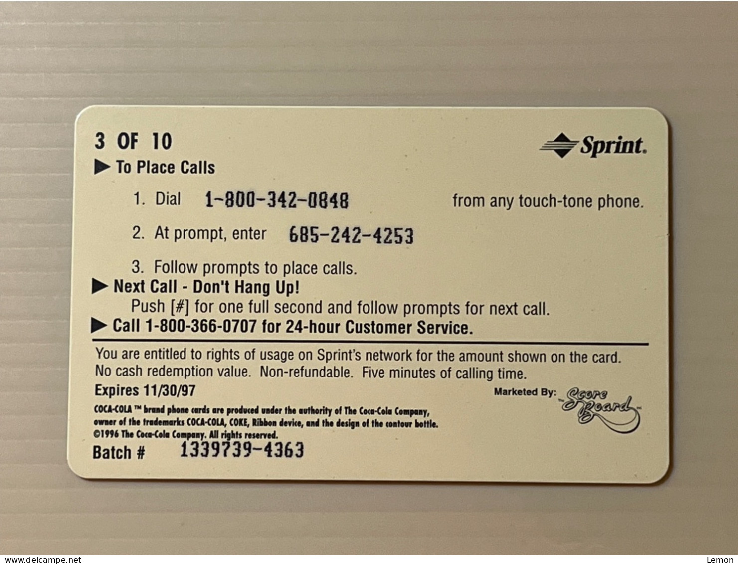 Mint USA UNITED STATES America Prepaid Telecard Phonecard, Coca Cola $5 Five Dollar, Set Of 1 Mint Card - Sprint