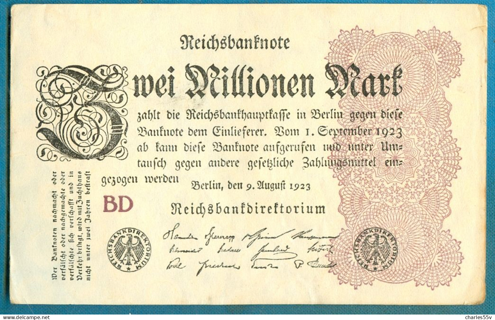 2000000 Mark 9.8.1923 Serie BD  Wmk. Ringe - 2 Miljoen Mark