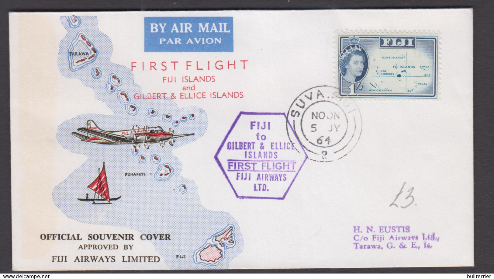 FIJI - 1964- FIRST FLIGHT COVER TO GILBERT & ELLICE ISLANDS - Fidji (1970-...)