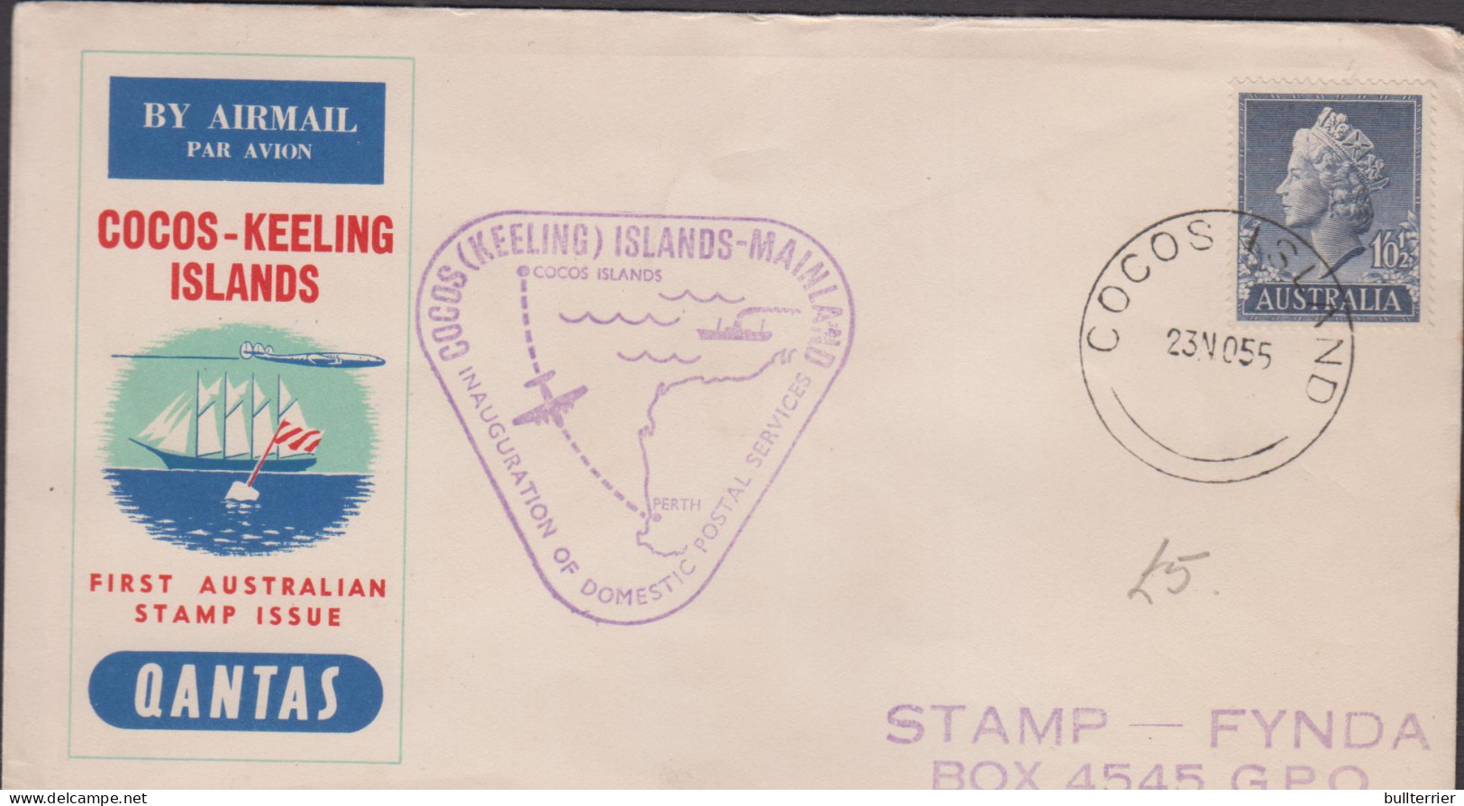 AUSTRALIA - 1955 - QANTAS FLIGHT COVER TO COCOS KEELING ISLANDS - Covers & Documents