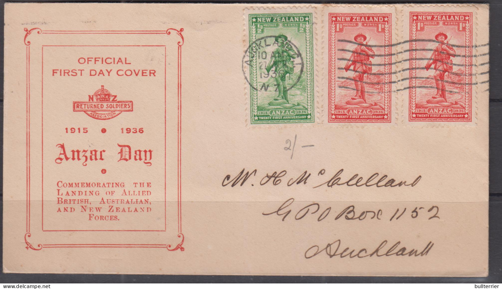 NEW ZEALAND- 1937 - ANZAC DAY SET OF 2  ON ILLUSTRATED FIRST DAY COVER - Lettres & Documents