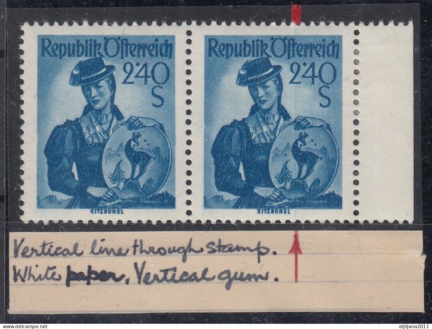 ⁕  Austria 1951 Tirol ⁕ Traditional Costume / Trachtenserie ERROR Vertical Line Mi.920 ⁕ 2v MNH - Abarten & Kuriositäten