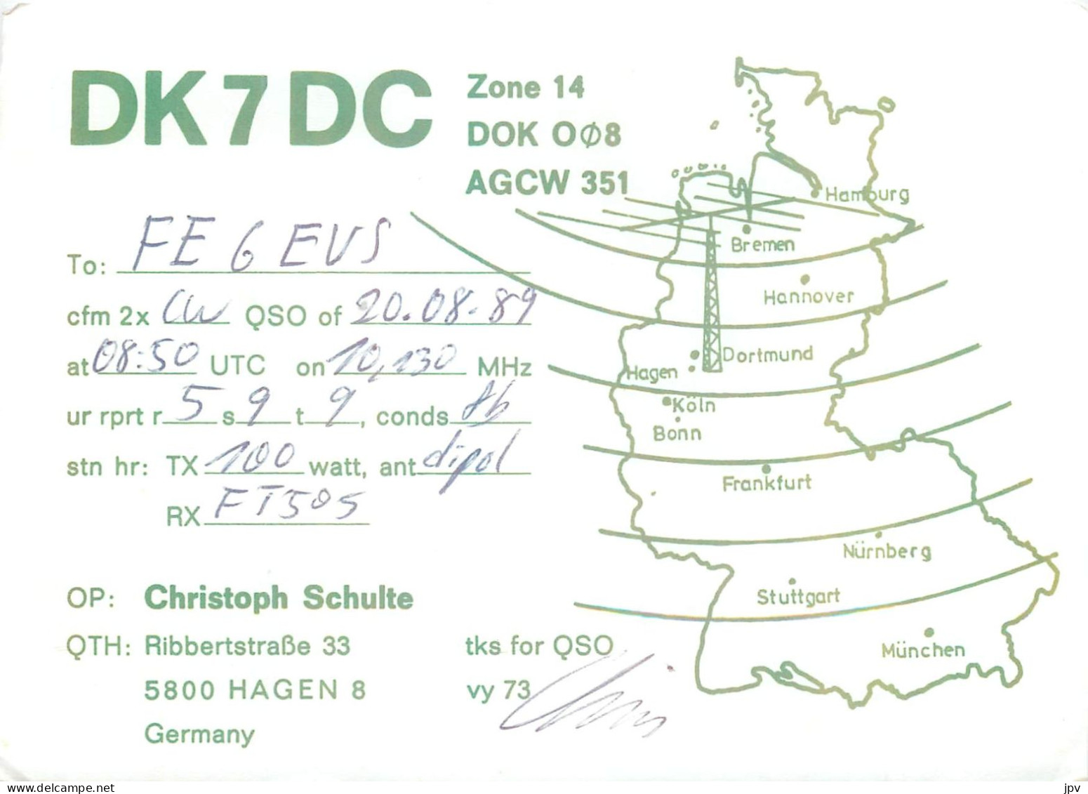 CARTE QSL : HAGEN . GERMANY. ALLEMAGNE .1989 . - Other & Unclassified