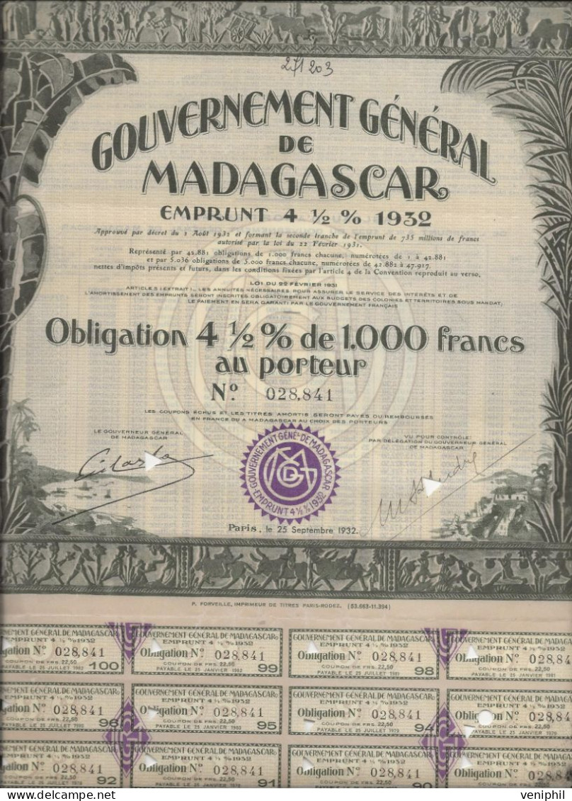 GOUVERNEMENT GENERAL DE MADAGASCAR -OBLIGATION DE  4,5 % DE 1000 FRS -  ANNEE 1932 - Banco & Caja De Ahorros