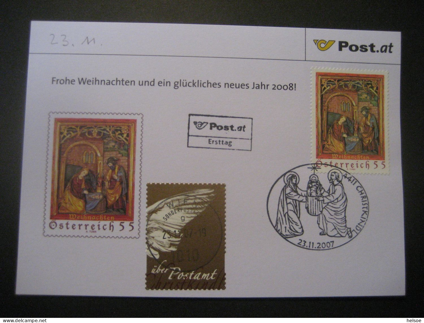Österreich- Christkindl 23.11.2007, FDC Glückwunschkarte Mit Zusatzmarke Wien - Briefe U. Dokumente
