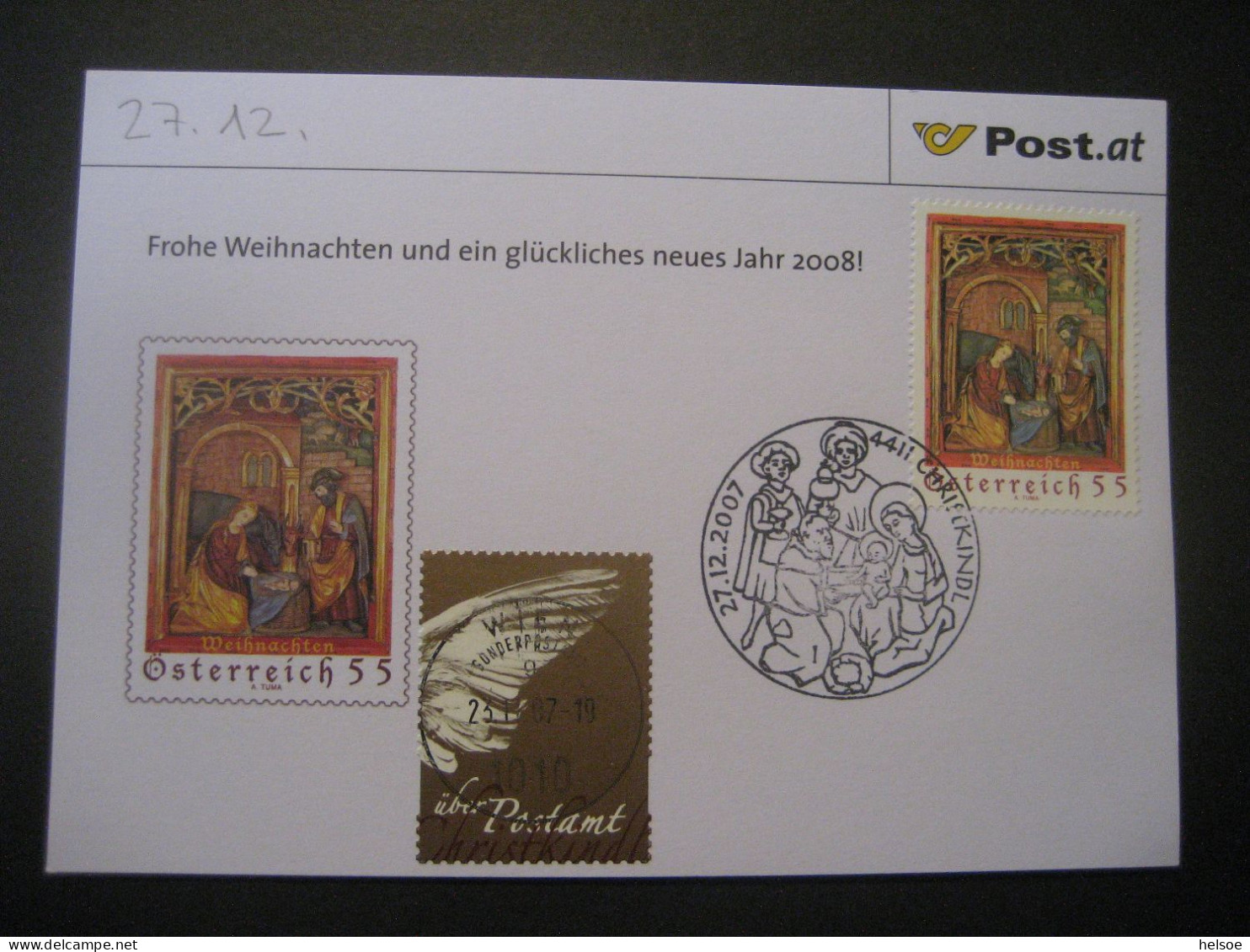 Österreich- Christkindl 27.12.2007, FDC Glückwunschkarte Mit Zusatzmarke Wien - Lettres & Documents