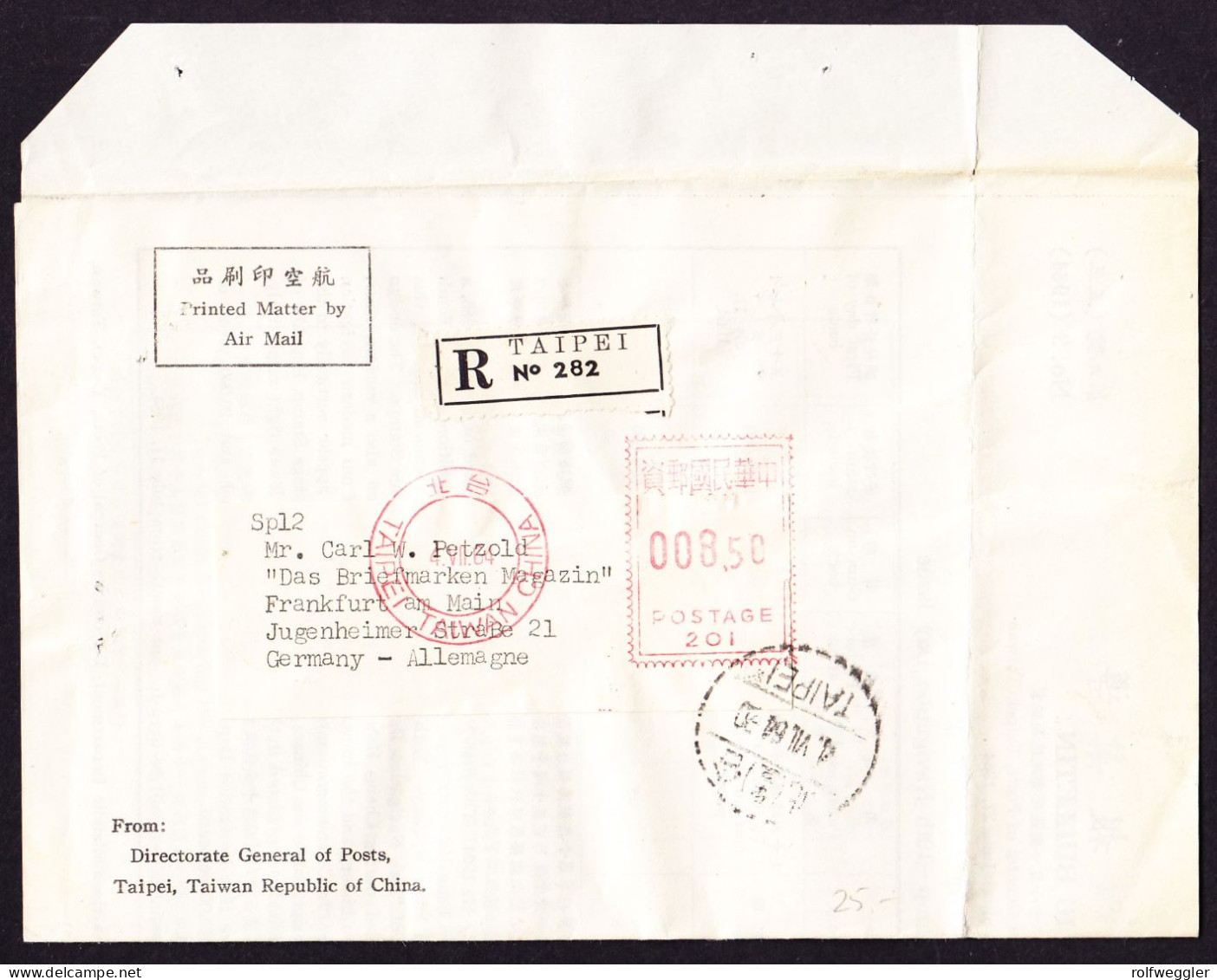 1964 R-Brief Aus Taipei Nach Frankfurt A. Main. Philatelic Bulletin. Postautomation. - Storia Postale