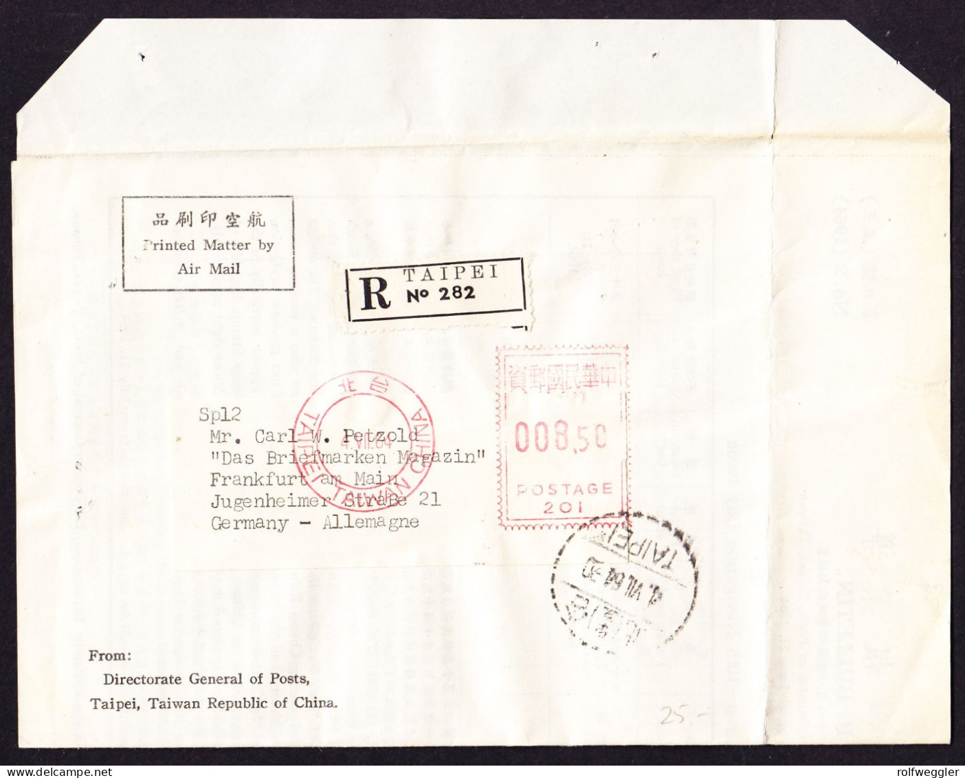 1964 R-Brief Aus Taipei Nach Frankfurt A. Main. Philatelic Bulletin. Postautomation. - Covers & Documents