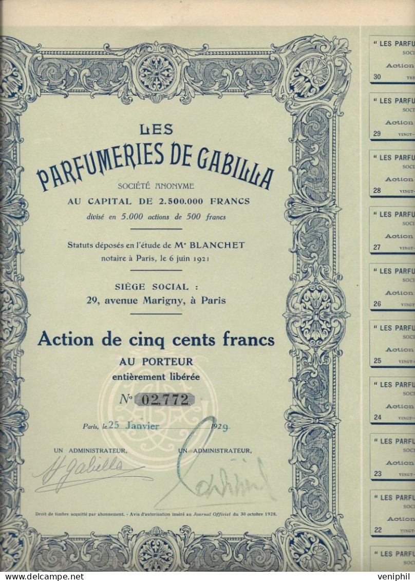 LES PARFUMERIES DE GABILLA - ACTION  DIVISE  EN 5000 ACTIONS DE 500 FRANCS  ANNEE 1929 - Parfum & Cosmetica