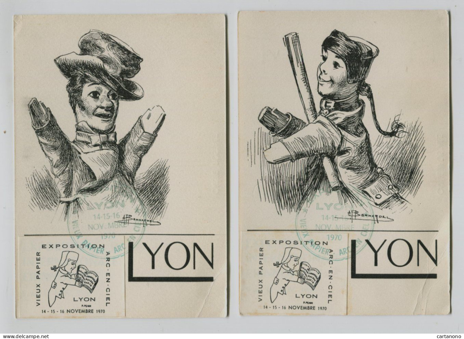 Marionnette GUIGNOL - 2 Vignettes Exposition Arc En Ciel Lyon 1790 Sur Carte Postale Illustrée - Briefe U. Dokumente