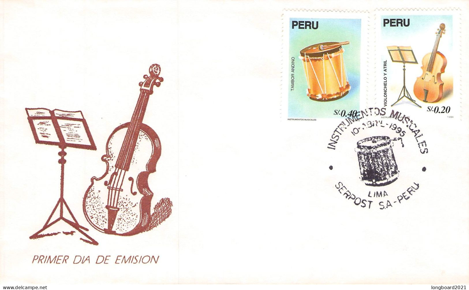 PERÚ - FDC 4-10-1995 INSTRUMENTOS MUSICALES Mi #1532/33 / 679 - Peru