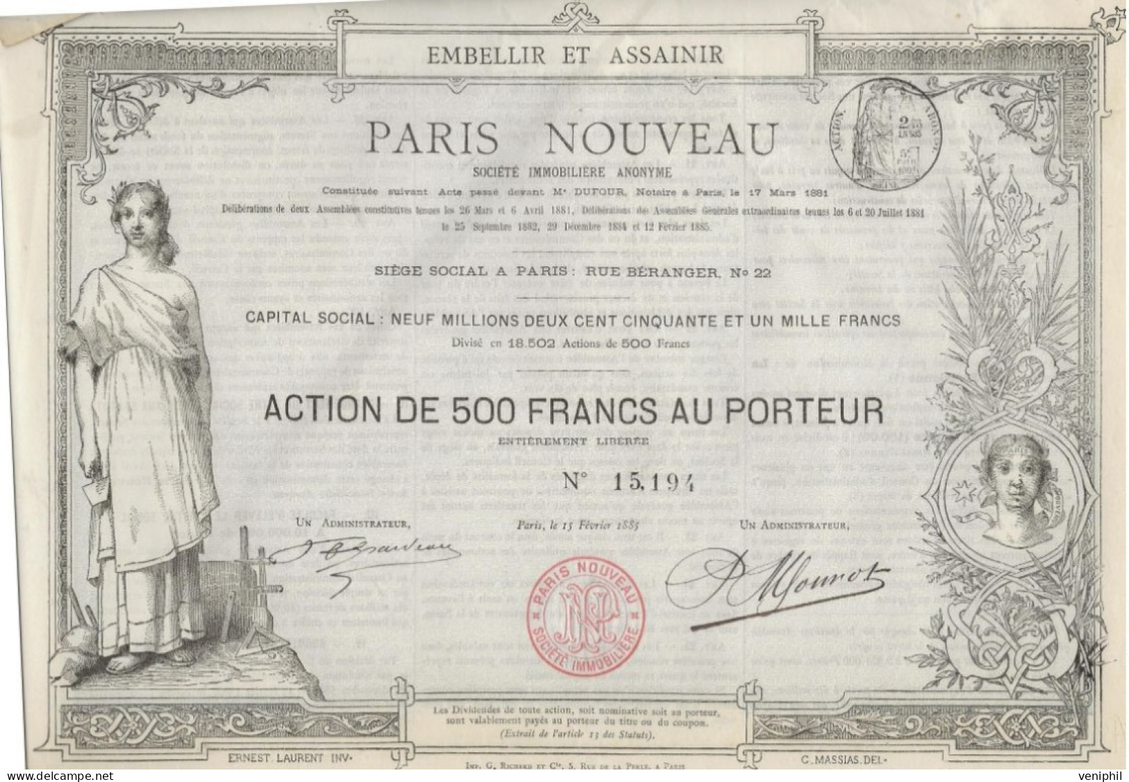 PARIS NOUVEAU-SOCIETE IMMOBILIERE - ACTION  ILLUSTREE DE 500 FRANCS -ANNEE 1885 - Other & Unclassified