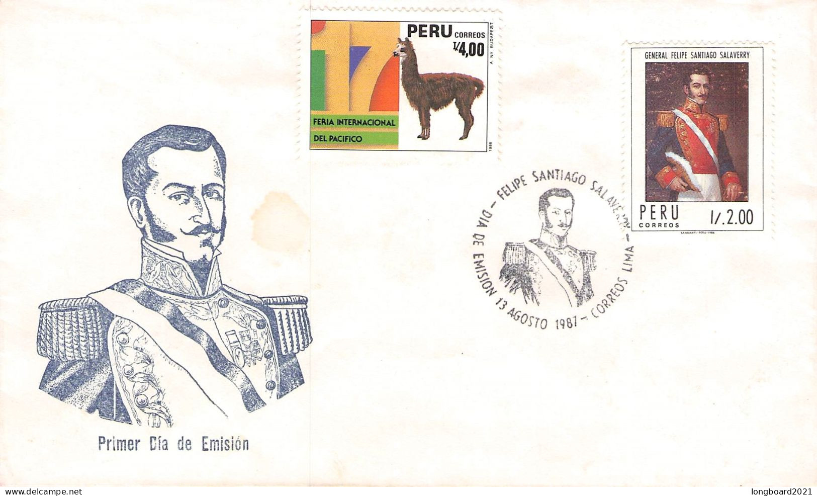 PERÚ - FDC 13-8-1987 GEN SANTIAGO SALAVERRY Mi #1354 / 681 - Pérou