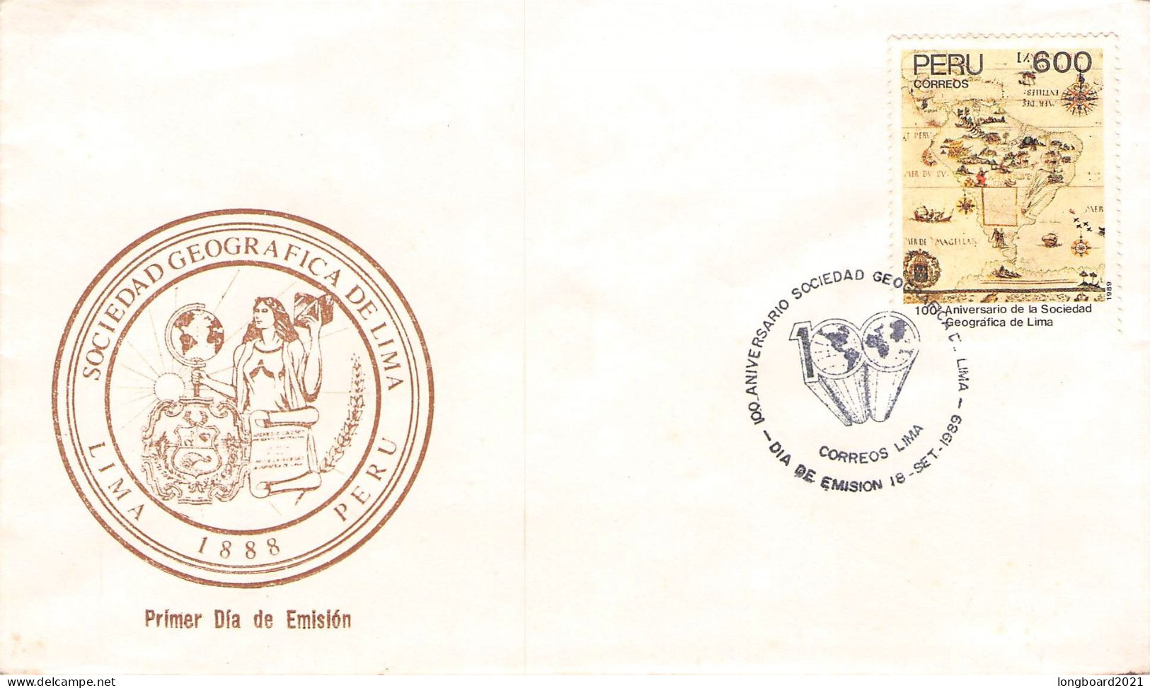 PERÚ - FDC 18-9-1989 SOCIEDAD GEOGRAFICA Mi #1400 / 682 - Peru