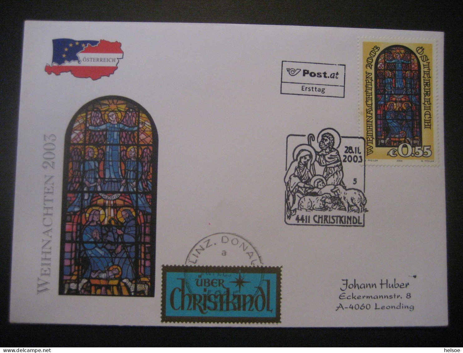 Österreich- Christkindl 26.11.2003, FDC Sonderbeleg Mit Leitzettel Linz - Covers & Documents