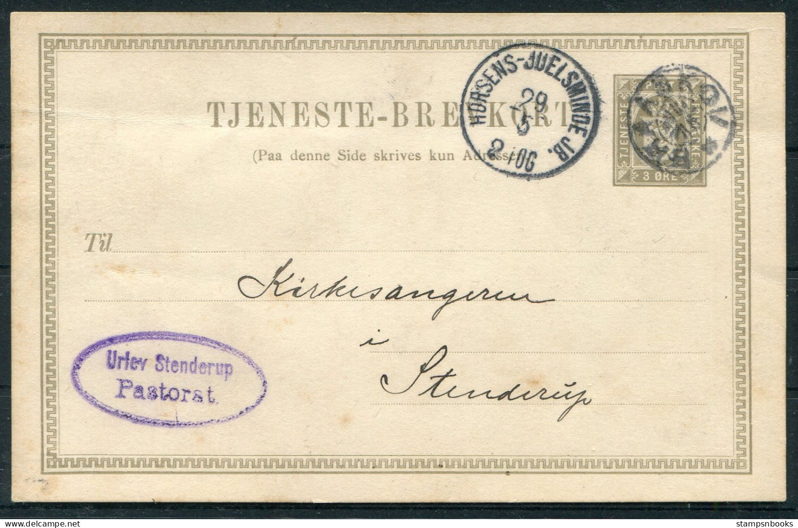 1903 Denmark Stationery Postcard BRAASKOV STJ Stjernestempel, HORSENS/JUELSMINDE JB. Sidestamp. Stenderup Pastorat - Brieven En Documenten