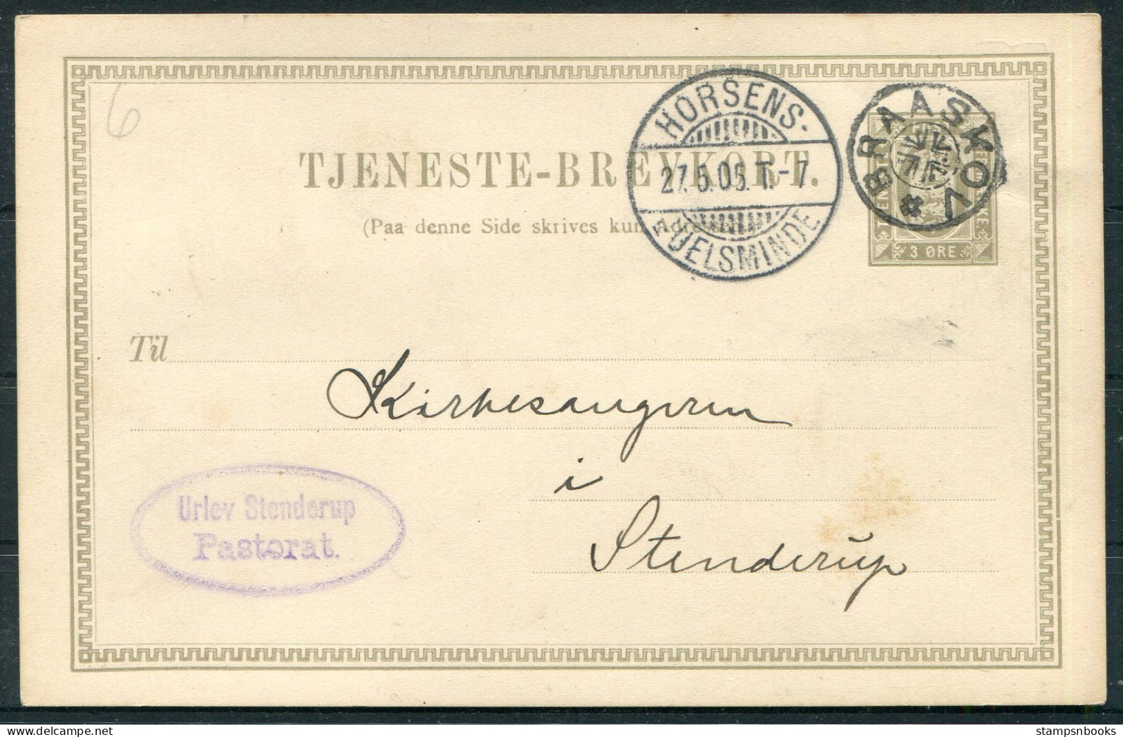 1905 Denmark Stationery Postcard BRAASKOV STJ Stjernestempel, HORSENS/JUELSMINDE Sidestamp. Stenderup Pastorat - Storia Postale