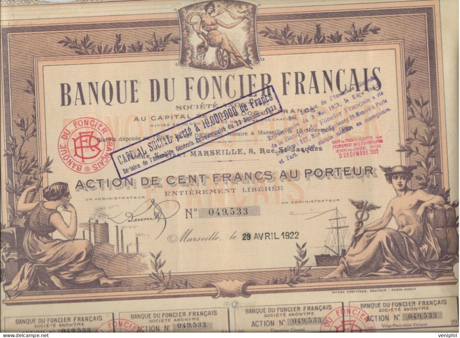 BANQUE DU FONCIER FRANCAIS -ACTION DE 100 FRS ILLUSTREE - ANNEE 1922 - Banque & Assurance