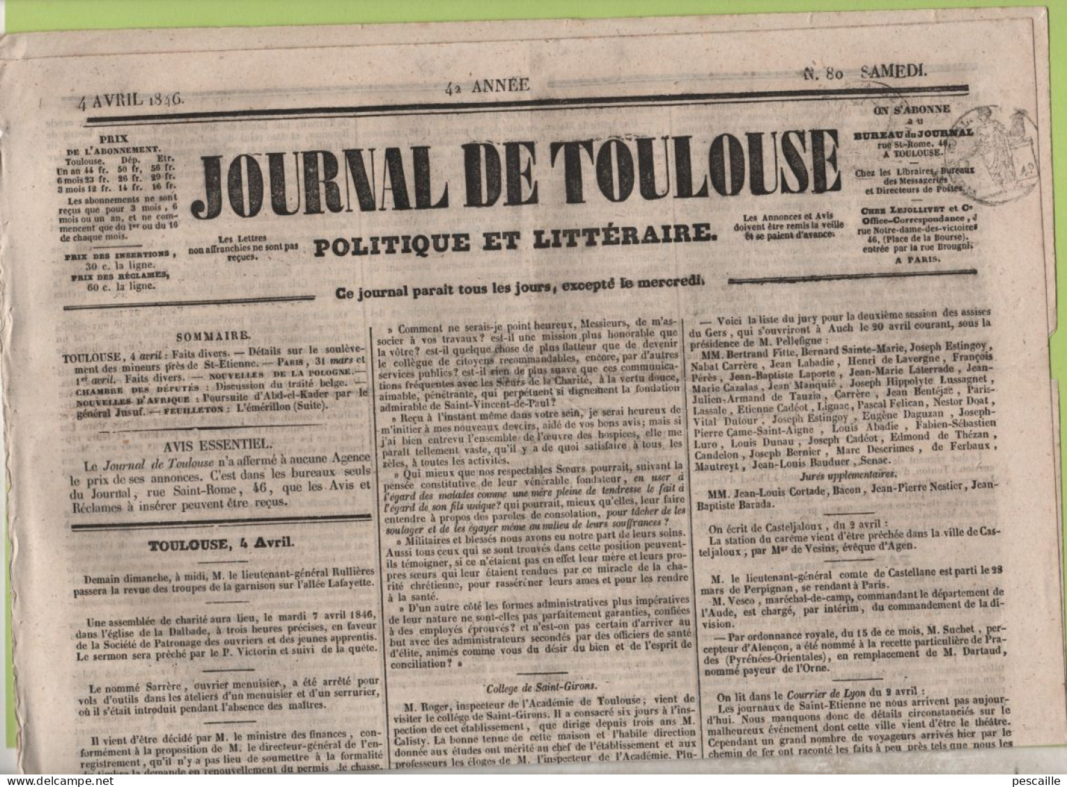 JOURNAL TOULOUSE 04 04 1846 - HOSPICES DE TOULOUSE - SAINT GIRONS - CONDOM - ST ETIENNE OUTRE-FURENS ARMEE TIRE OUVRIERS - 1800 - 1849