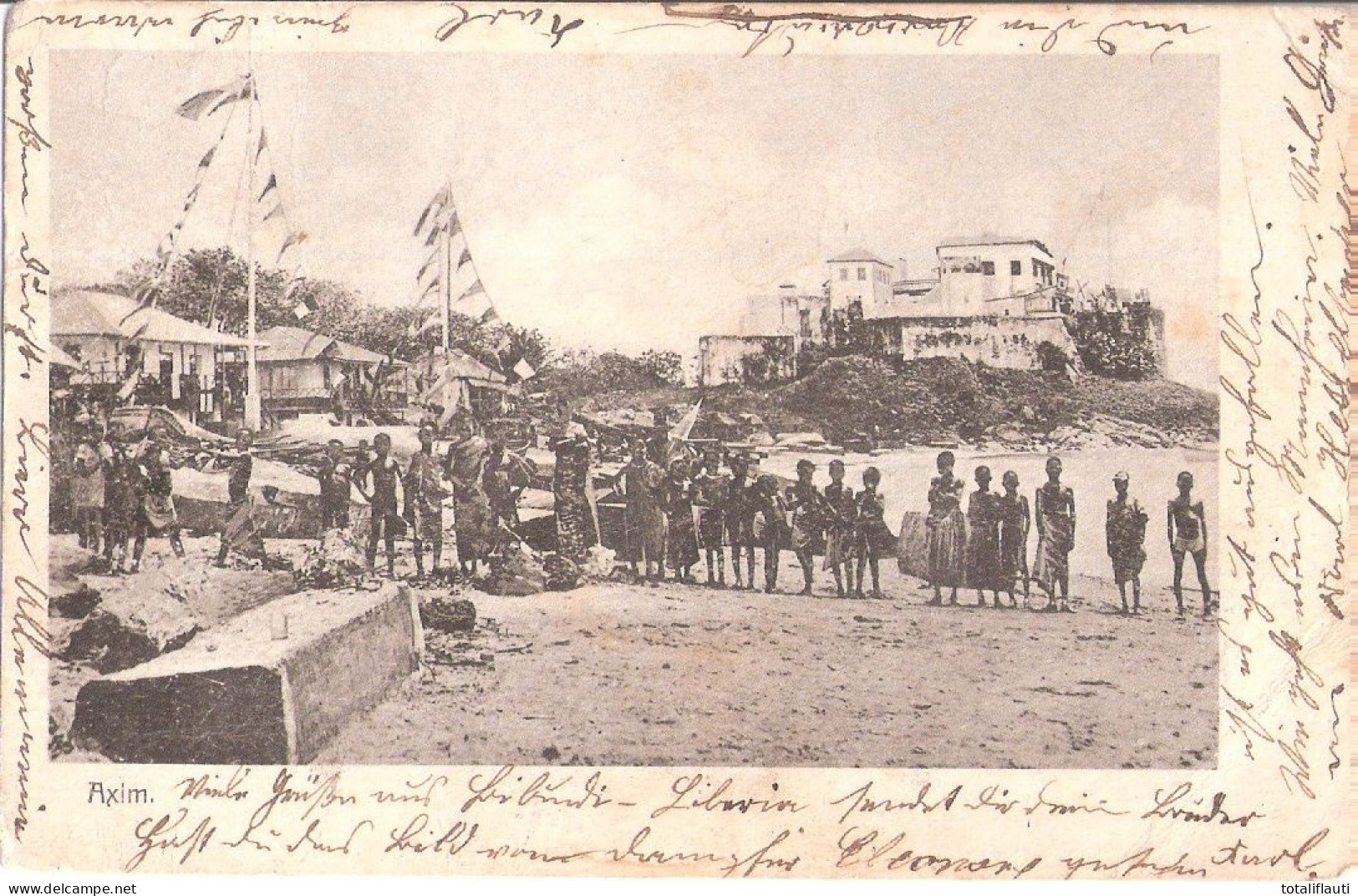 AXIM Ghana Belebter Strand Mit Einheimischen Im Hintergrund Villen U Palast A D Höhe Ankunftsstempel 5.11.1904 Mannheim - Ghana - Gold Coast