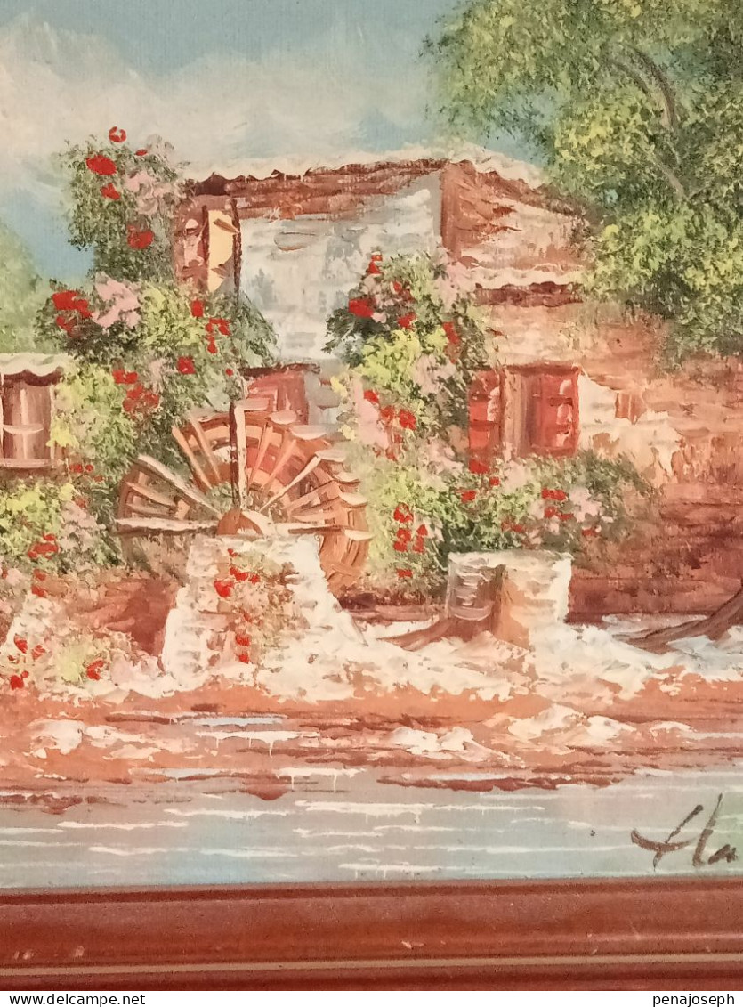 peinture a l'huile sur toile représentant un moulin signé 37 x 32 cm