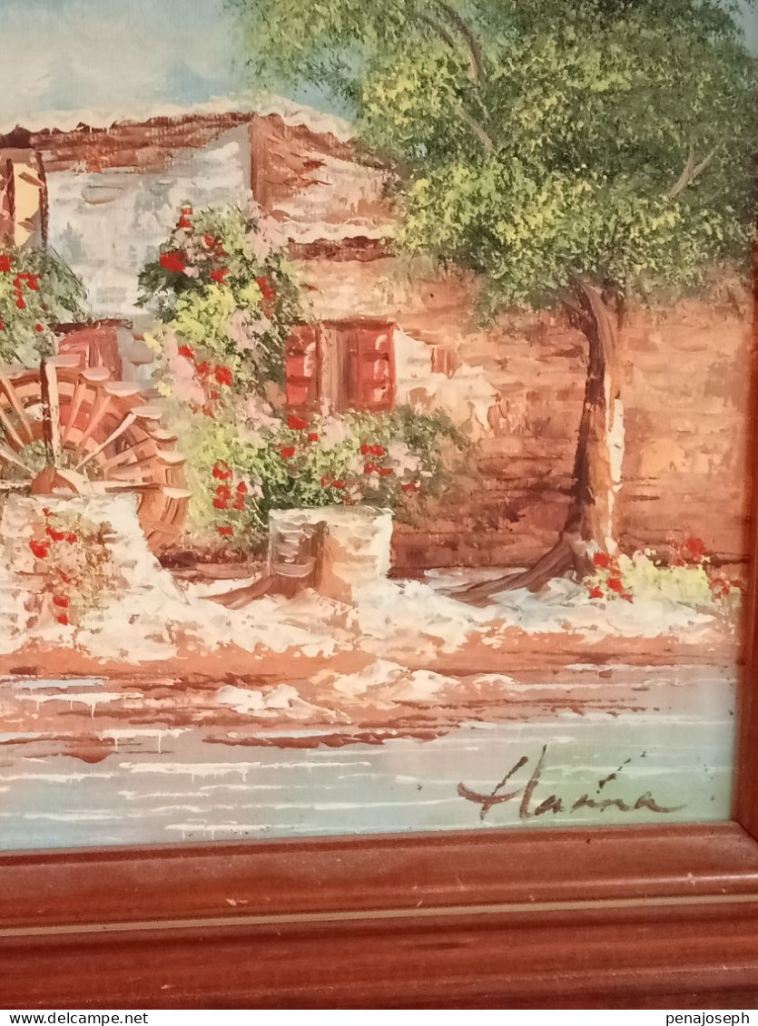 peinture a l'huile sur toile représentant un moulin signé 37 x 32 cm