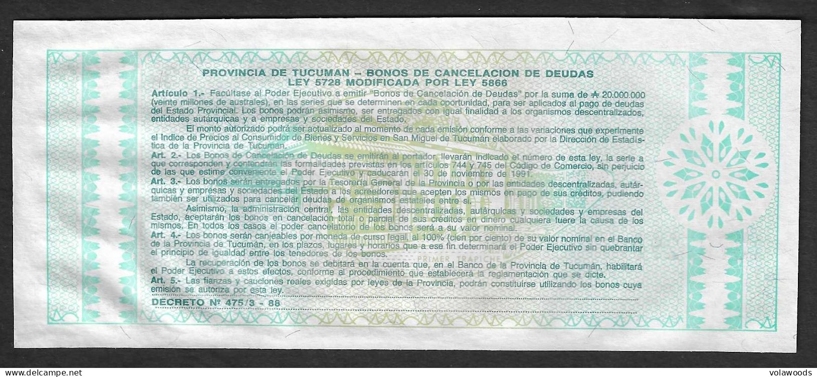 Argentina - Buono Di Cancellazione Dei Debiti Non Circolato FdS UNC Provincia Di Tucuman Da 1 Austral P-S2711b.2 - 1991 - Argentine