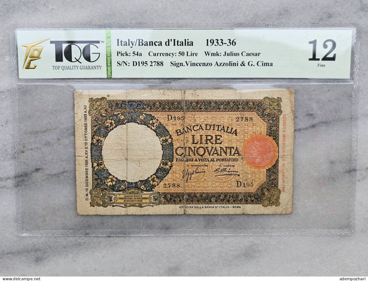 Italy 50 Lire 1933 Certified Banca D'Italia Bankonote - 50 Liras