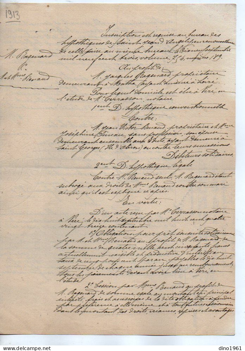 VP22.732 - SAINT JEAN D'ANGELY - Acte De 1913 - M. RAQUARD à MATHA Contre Mme & M. RENAUD à LES EDUTS - Manuscripts