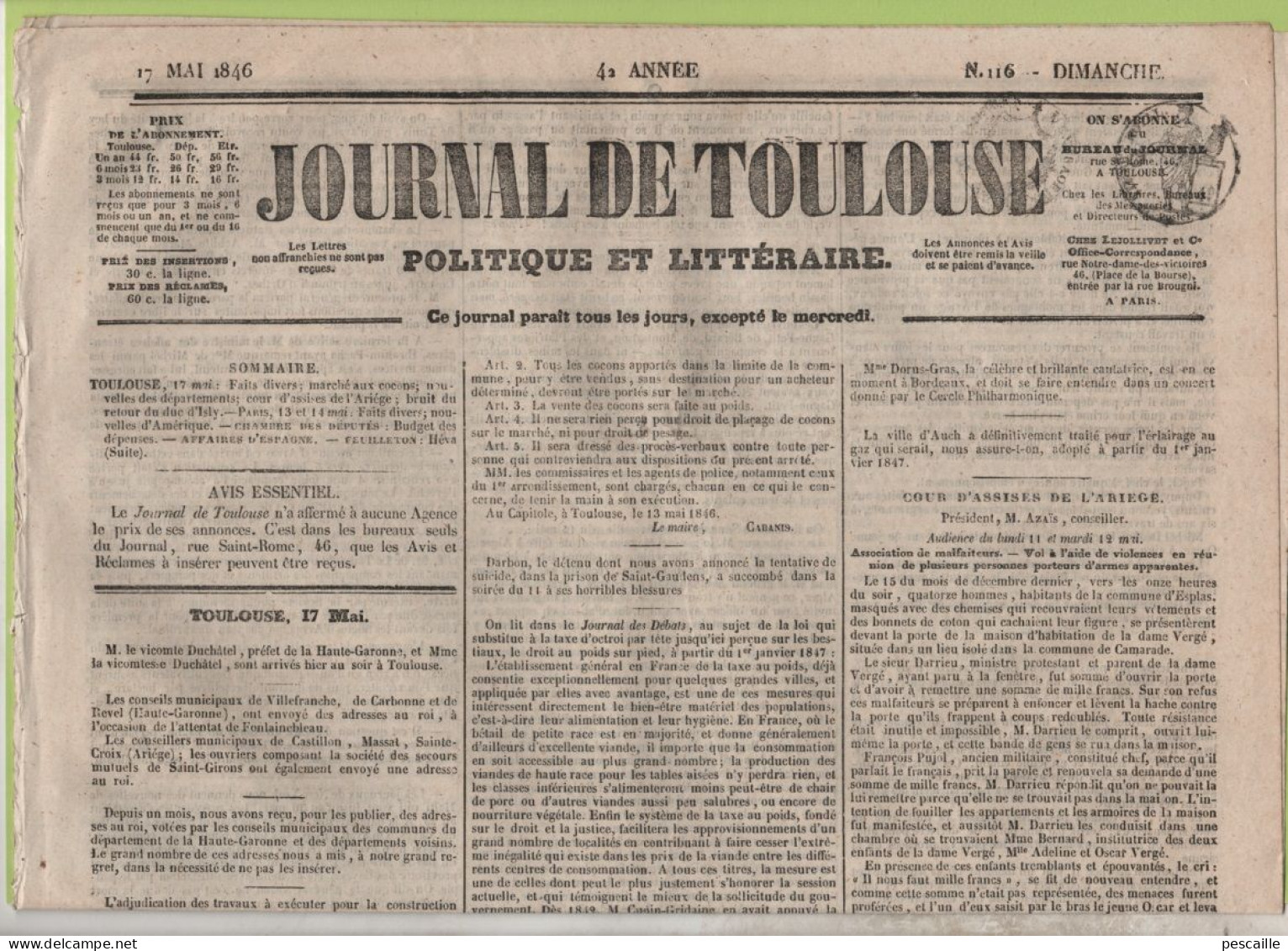 JOURNAL DE TOULOUSE 17 5 1846 - MARCHE AUX COCONS - TAXE BETAIL - ARIEGE CAMARADE ESPLAS - NAVARRE - SAINT ETIENNE MINES - 1800 - 1849