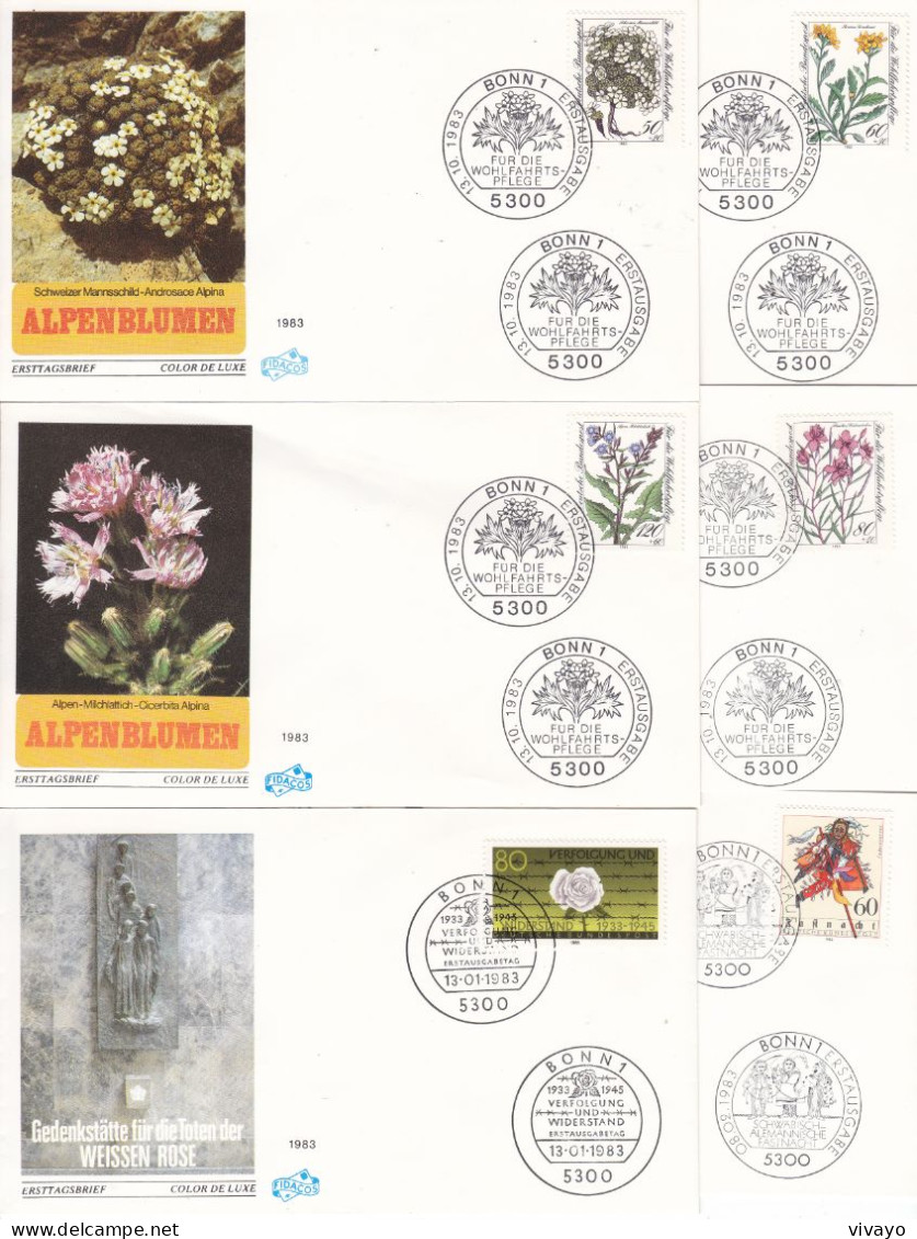 GERMANY - ALLEMAGNE - BUND - FDCs - 1983 - BLUMEN, WEISSE ROSE, FASNET, VERKEHR, UNO, LUTHER, WIELAND ... - 1981-1990