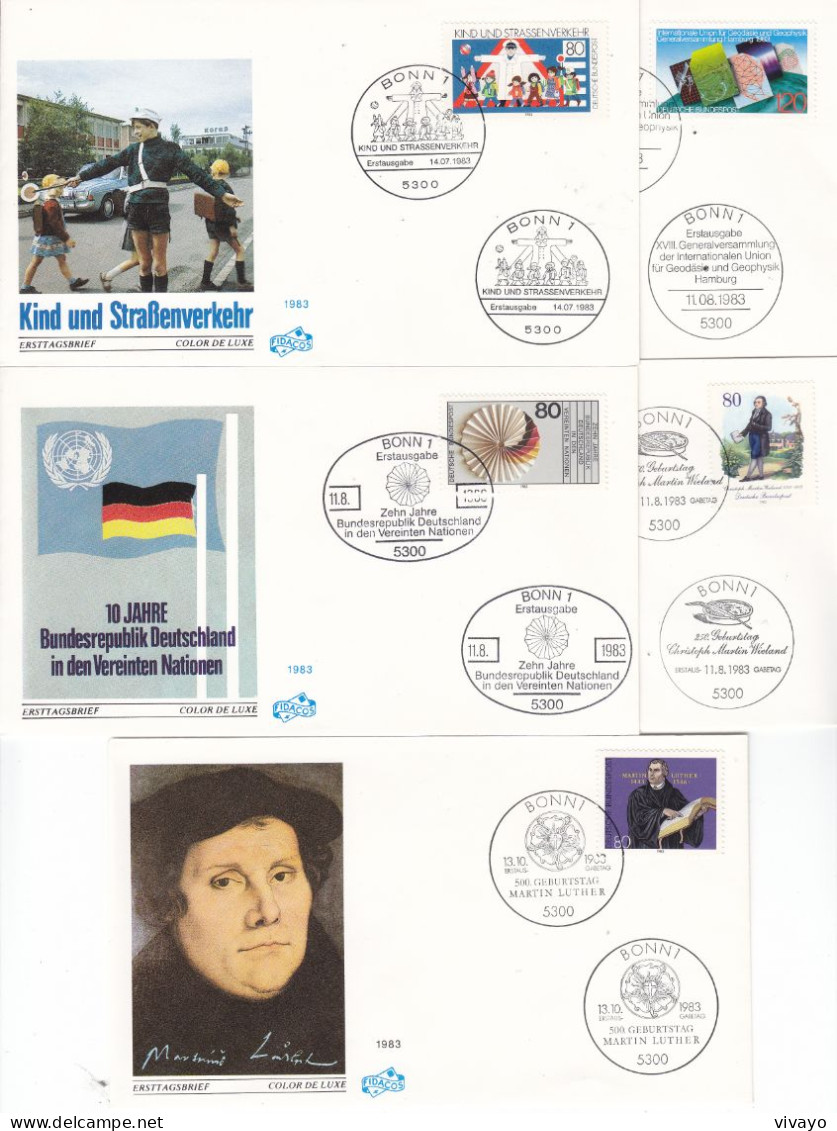 GERMANY - ALLEMAGNE - BUND - FDCs - 1983 - BLUMEN, WEISSE ROSE, FASNET, VERKEHR, UNO, LUTHER, WIELAND ... - 1981-1990
