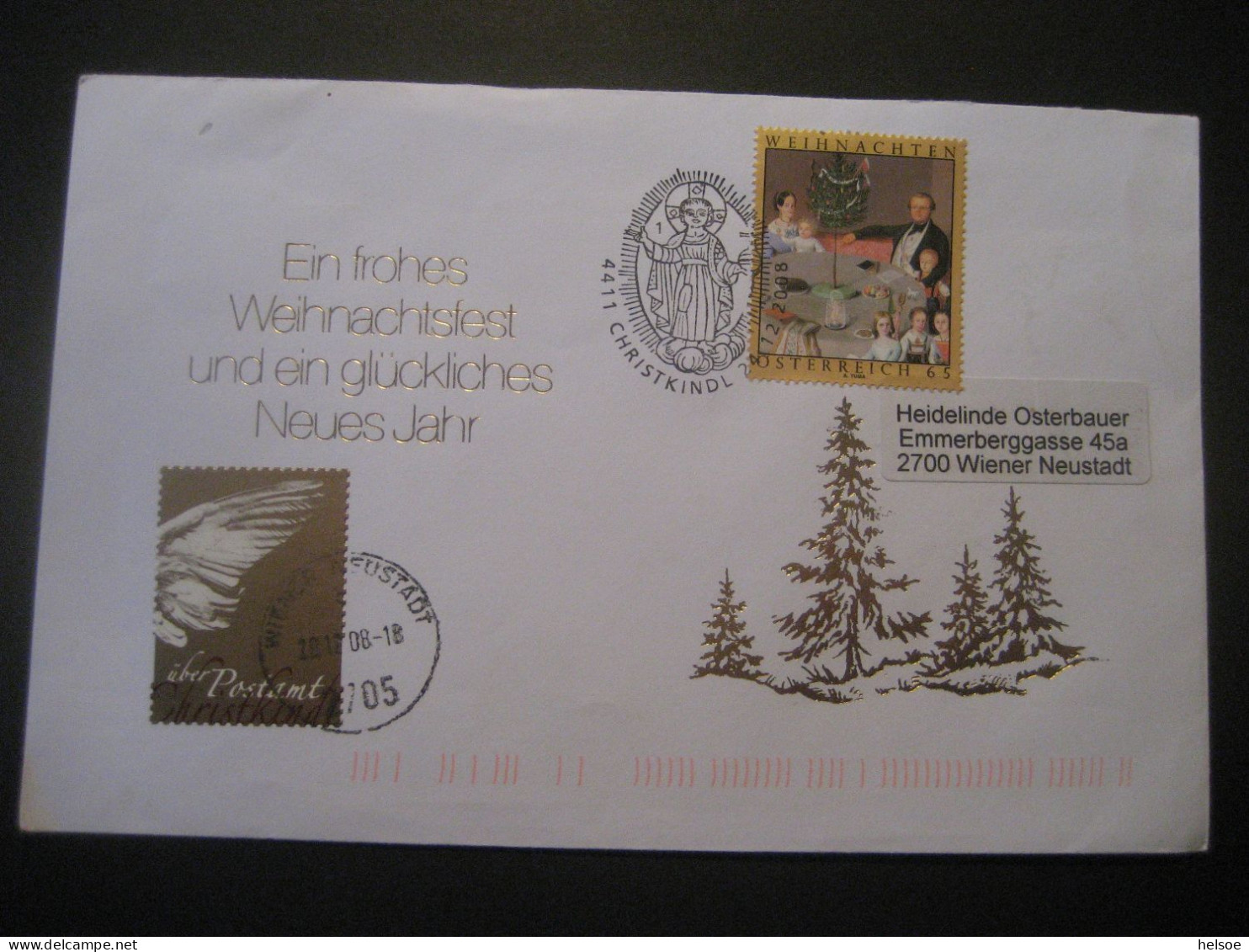 Österreich- Christkindl 24.12.2008, Schmuckumschlag Mit Zusatzmarke Wiener Neustadt - Brieven En Documenten