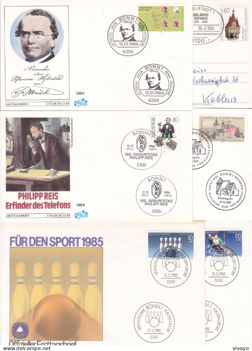 GERMANY - ALLEMAGNE - BUND - FDCs - 1984/86 - MICHELSTADT, MENDEL, REIS, SPORT, WEBER, AUTOMOBIL, WALSRODE - 1981-1990