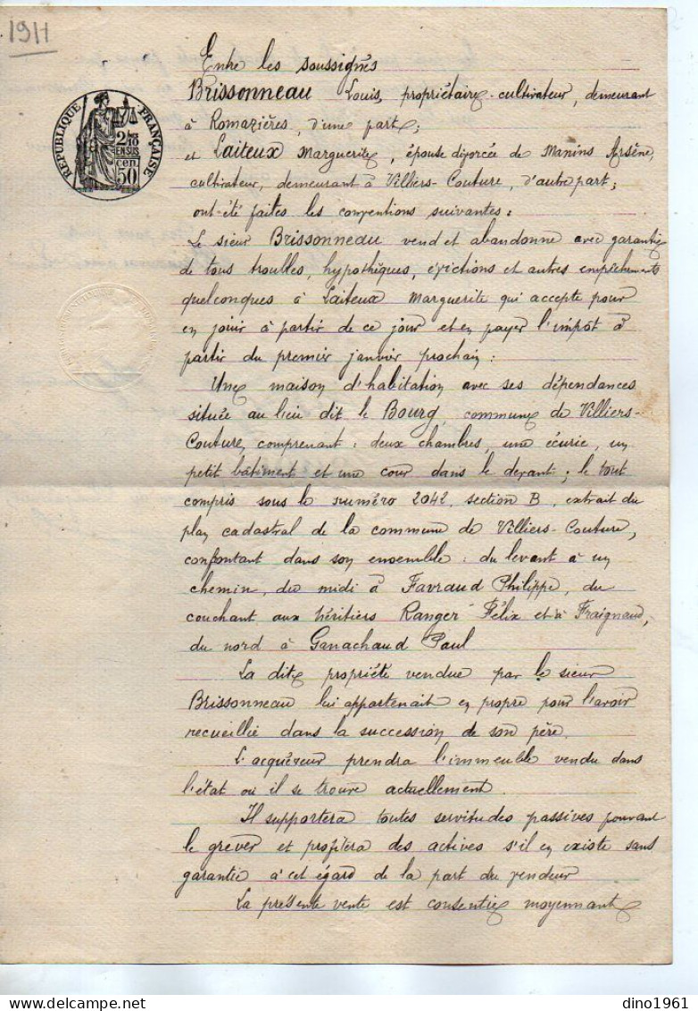 VP22.734 - Acte De 1911 - Vente D'une Maison Située à VILLIERS COUTURE Par M. BRISSONNEAU De ROMAZIERES à Mme LAITEUX - Manuscripts