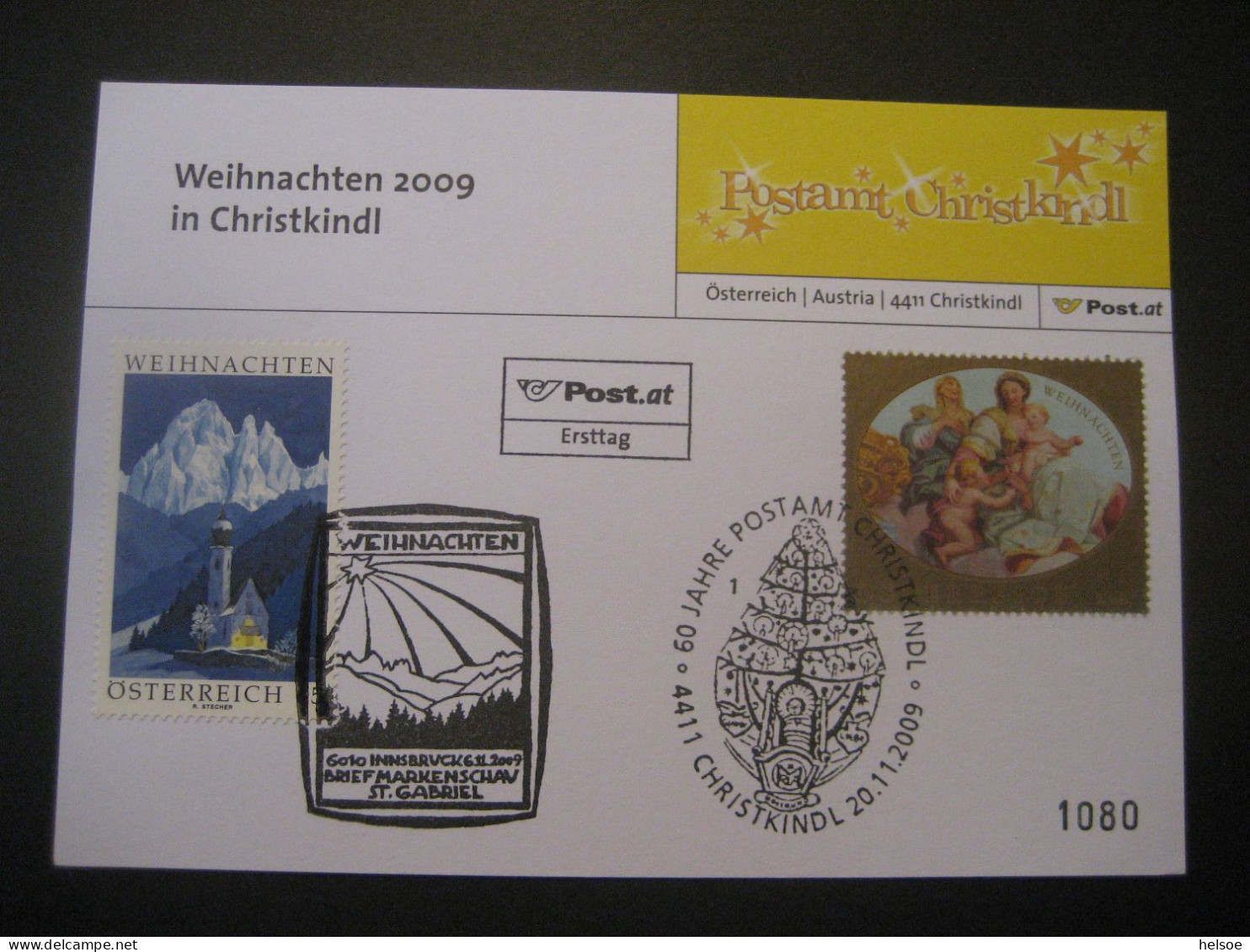 Österreich- Christkindl 20.11.2009, FDC Weihnachten 2009 In Christkindl 1080 - Briefe U. Dokumente