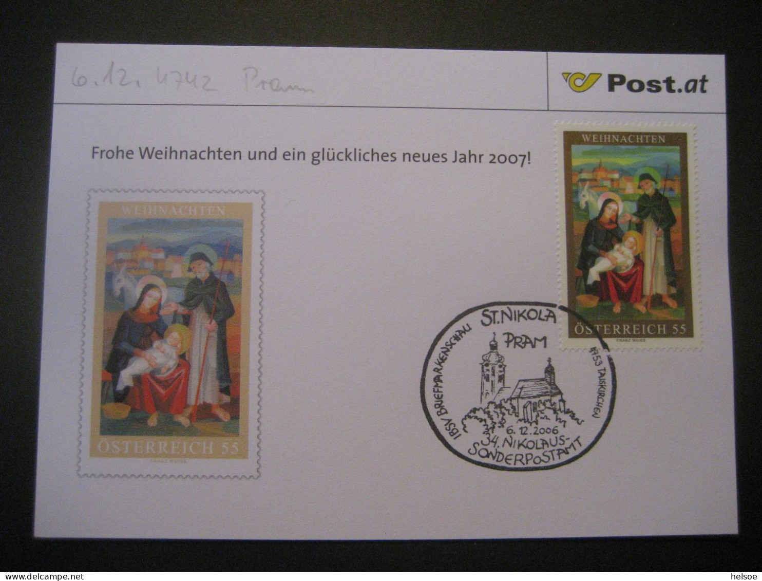 Österreich- St. Nikola/Pram 6.12.2006, 34. Nikolaus-Sonderpostamt Auf Glückwunschkarte - Covers & Documents