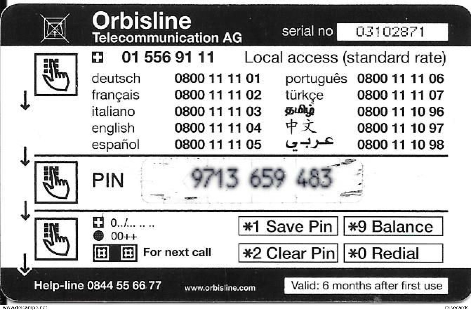 Switzerland: Prepaid Orbisline - Logo (10 Access Nummern, Serien-Nummer Gross) - Suisse