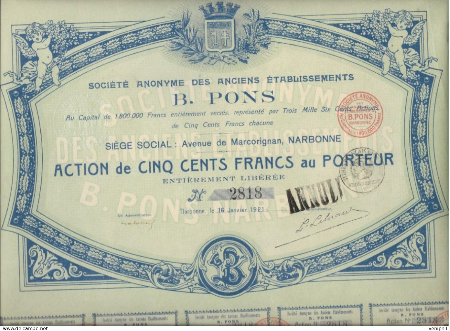 ANCIENS ETABLISSEMENTS B.PONS - NARBONNE -  ANNEE 1921 - Autres & Non Classés
