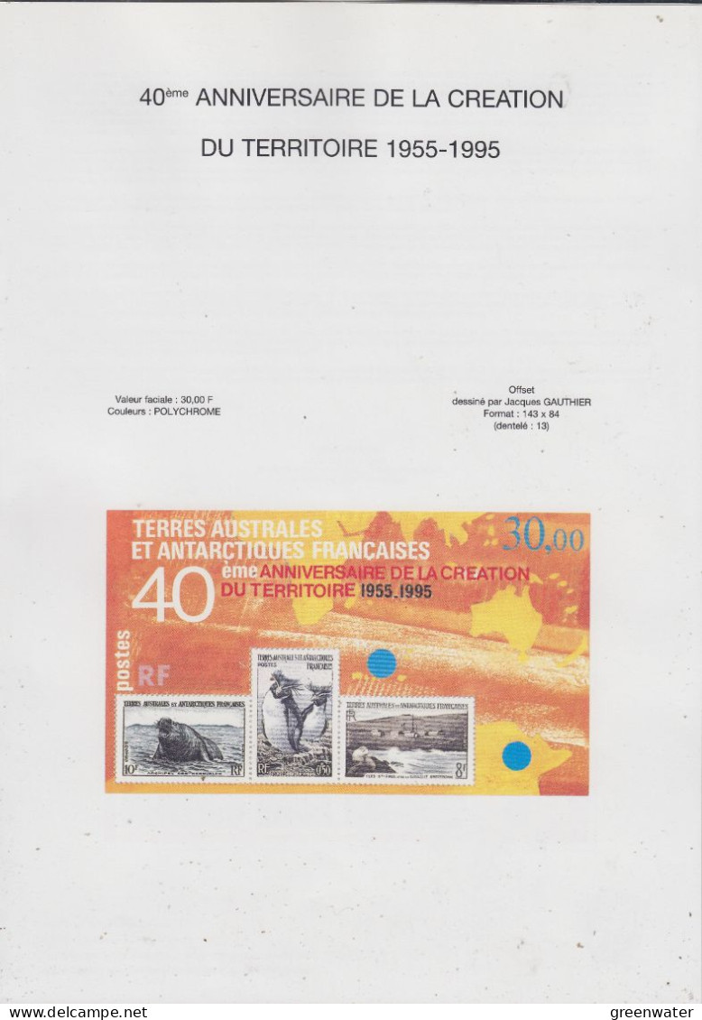 TAAF 1995 40ème Anniversaire De La Creation Du Territoire / Leaflet With M/s Used 1st Day Alfred Faure (AS173) - Blokken & Velletjes