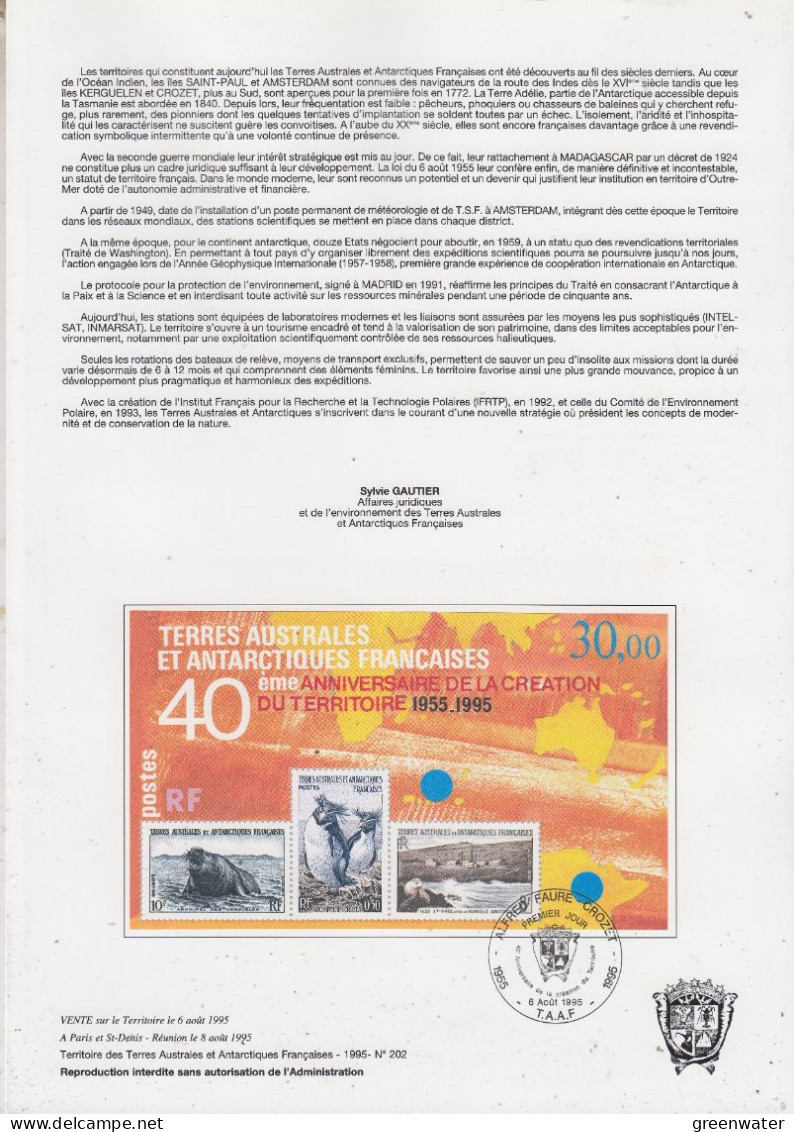 TAAF 1995 40ème Anniversaire De La Creation Du Territoire / Leaflet With M/s Used 1st Day Alfred Faure (AS173) - Blokken & Velletjes