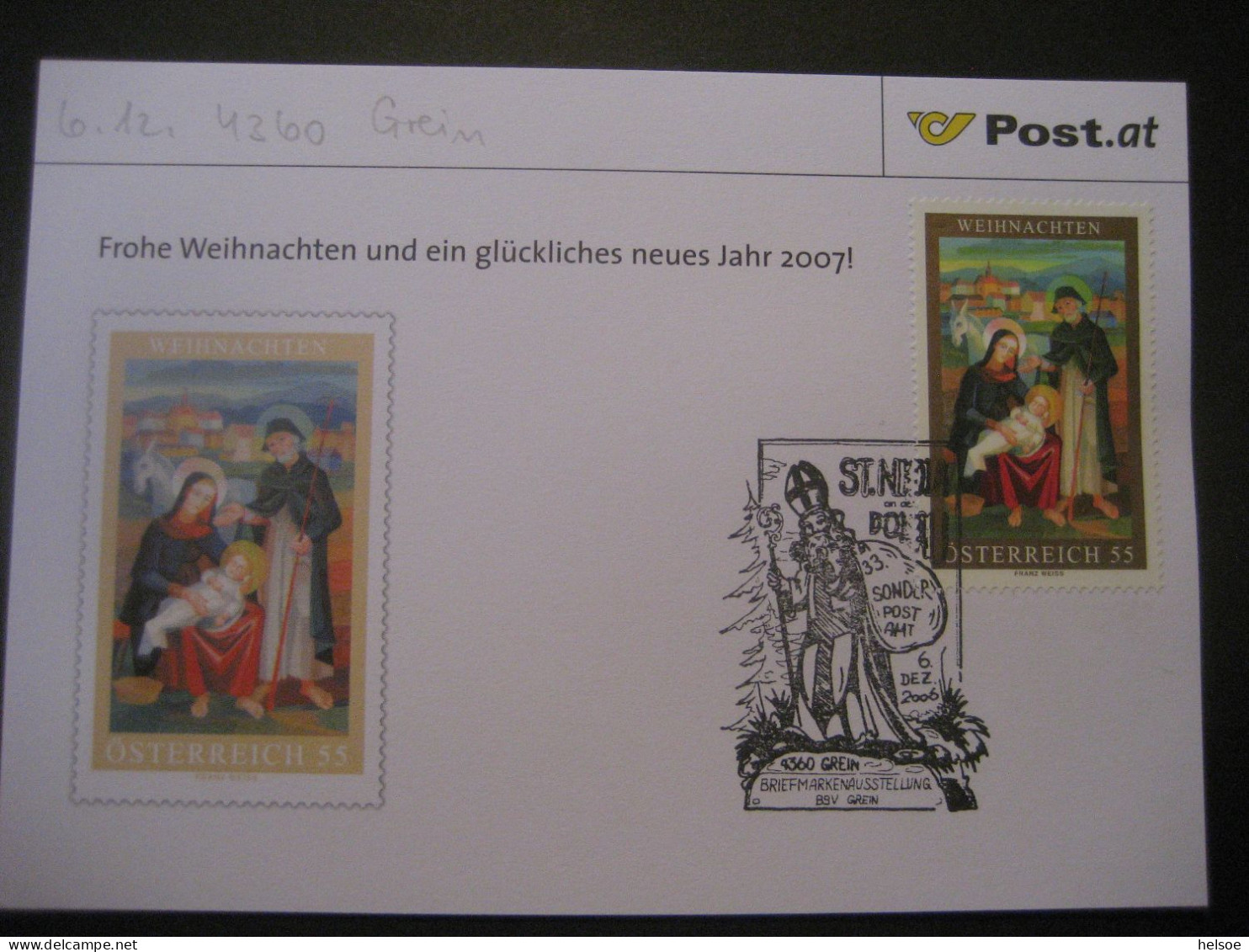 Österreich- St. Nikola/Donau 6.12.2006, 33. Nikolaus-Sonderpostamt Auf Glückwunschkarte - Cartas & Documentos