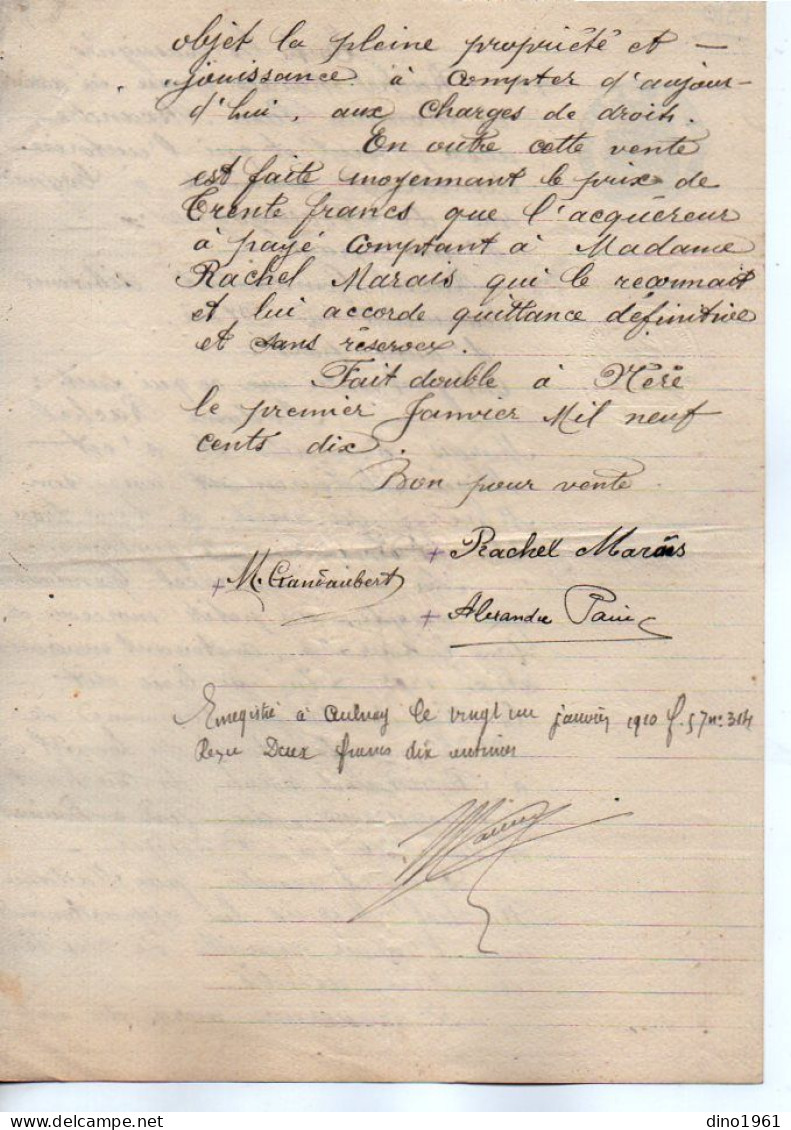 VP22.736 - AULNAY - Acte De 1910 - Vente De Terre Sise à NERE Par Mme PAIN à COGNAC à M. GANDAUBERT, Débitant à NERE - Manuscrits