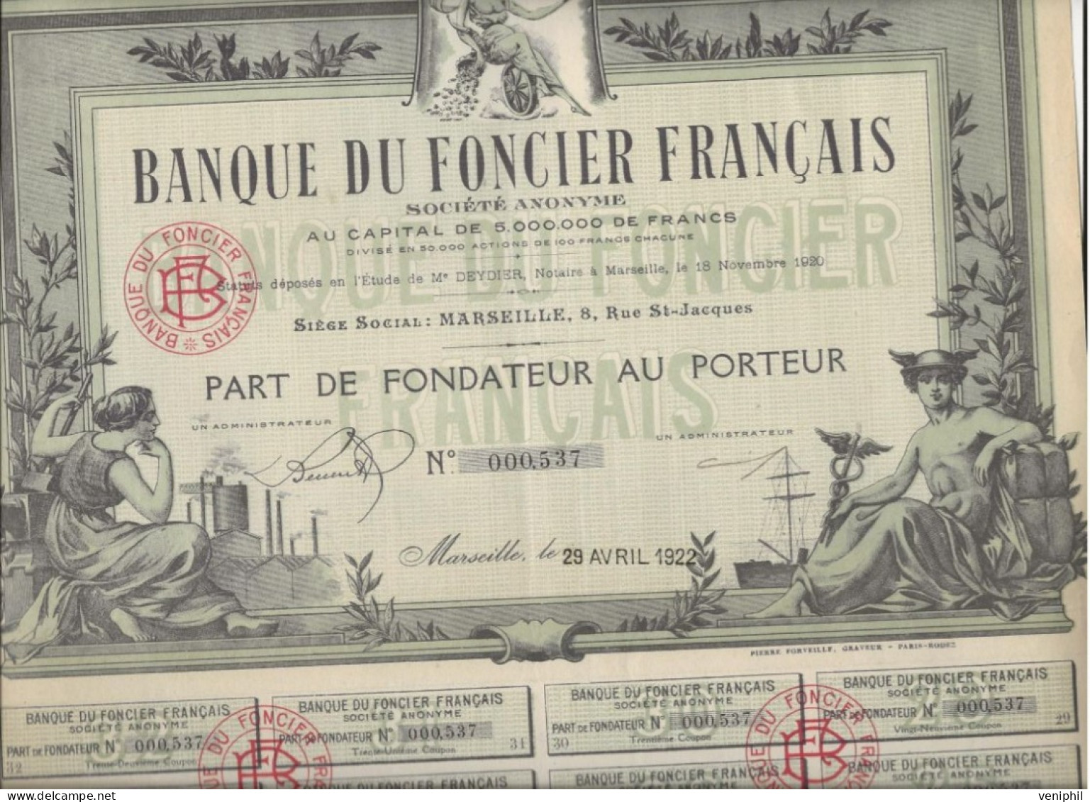 BANQUE DU FOCIER FRANCAIS - PART DE FONDATEUR  ILLUSTREE-  ANNEE 1922 - Banque & Assurance