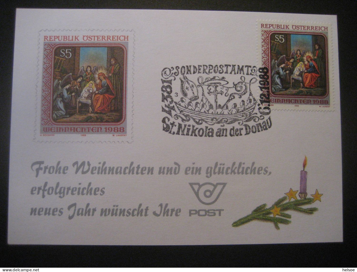 Österreich- St. Nikola/Donau 6.12.1988, Nikolaus-Sonderpostamt Auf Glückwunschkarte - Brieven En Documenten