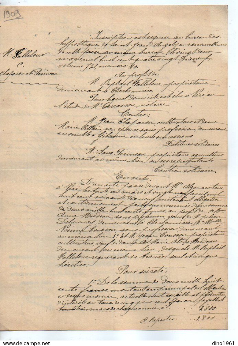VP22.737 - SAINT JEAN D'ANGELY - Acte De 1910 - M. FALLELOUR à CHERBONNIERES Contre M. CHAPOIN & PERINEAU à GIBOURNE - Manuscrits