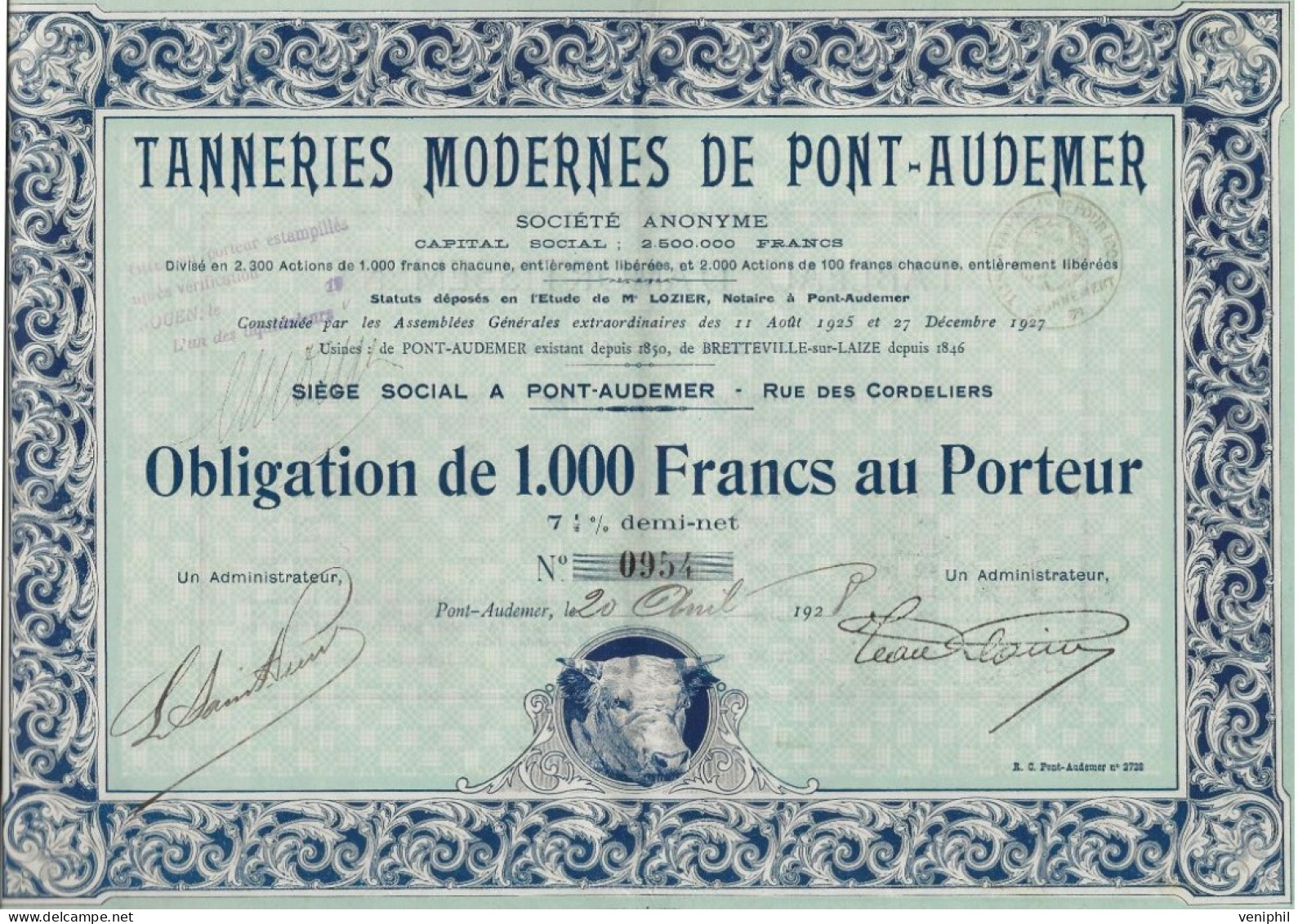 TANNERIES MODERNES DE PONT-AUDEMER - OBLIGATION DE 1000 FRS  ANNEE 1928 - Altri & Non Classificati