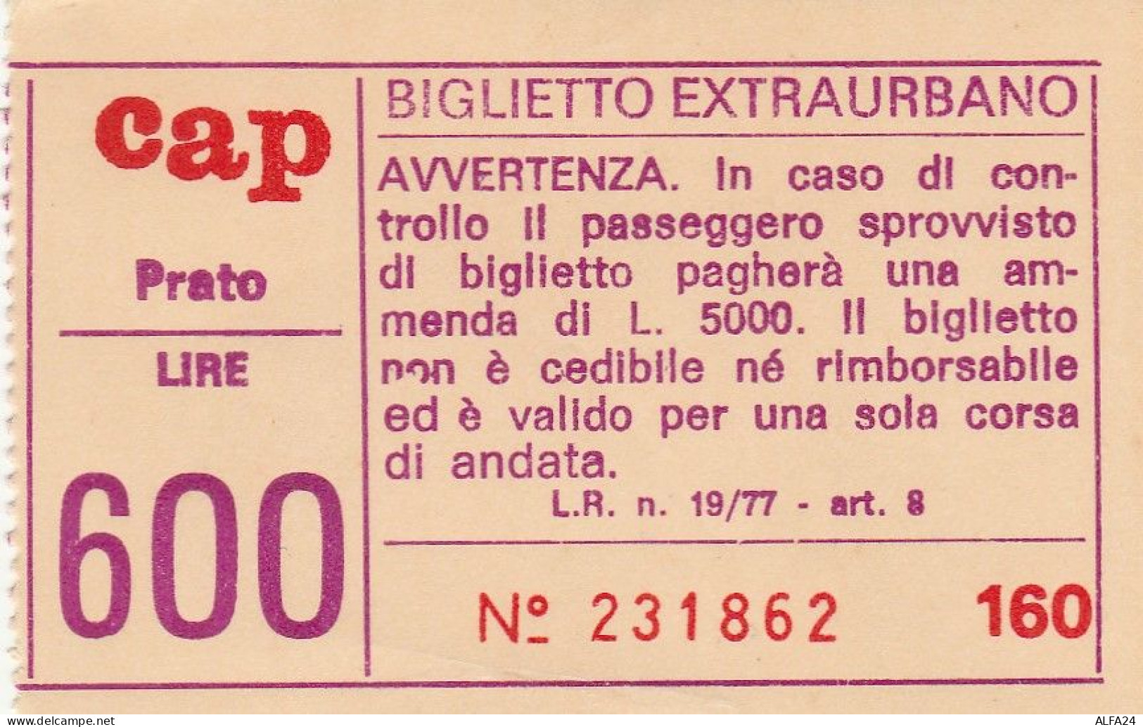 BIGLIETTO BUS TRAM CAP PRATO L.600 (BX235 - Europe