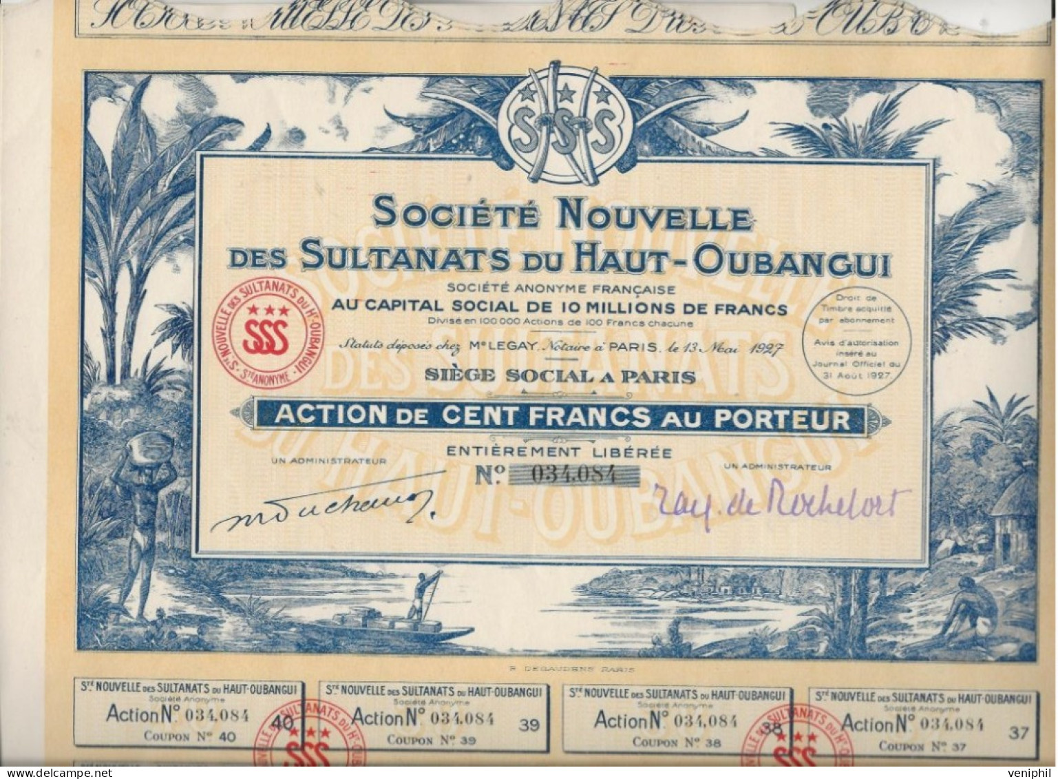 SOCIETE NOUVELLE DES SULTANATS  DU HAUT - OUBANGUI - ACTION ILLUSTREE DE CENT FRANCS - ANNEE 1927 - Afrique